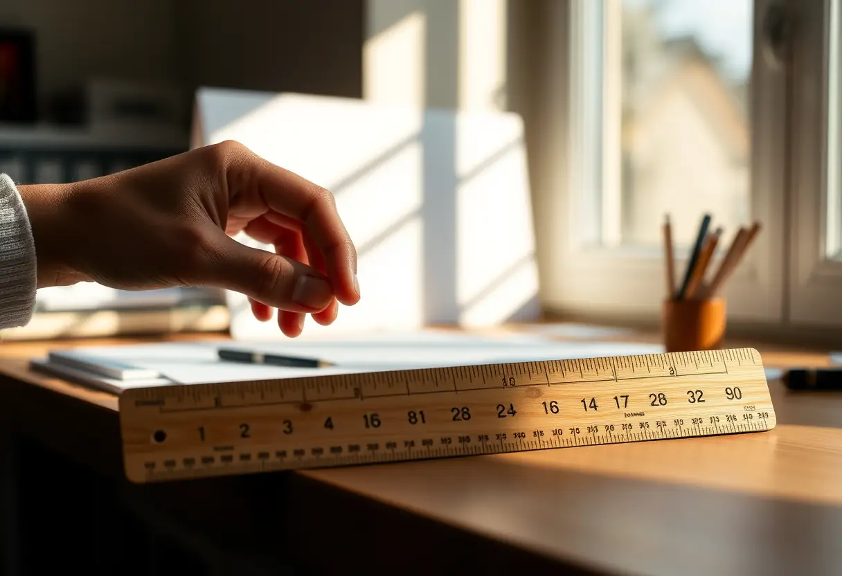 Une main tenant un règle en bois sur un bureau, lumière naturelle