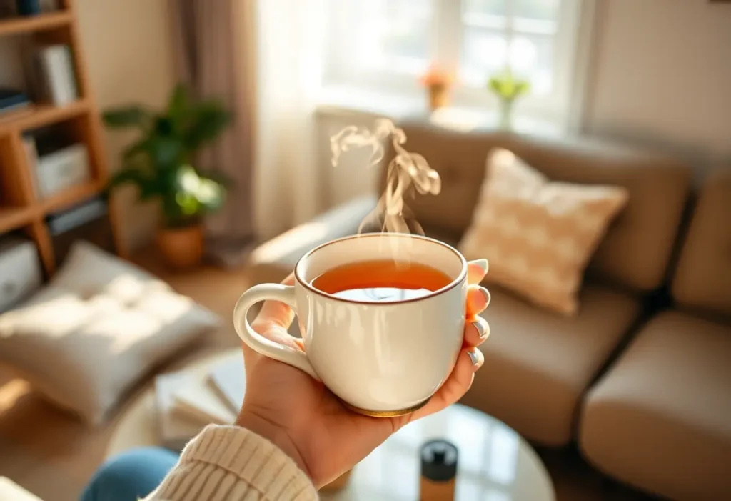 Une main tenant une tasse de thé chaud dans une pièce accueillante, favorisant la sérénité