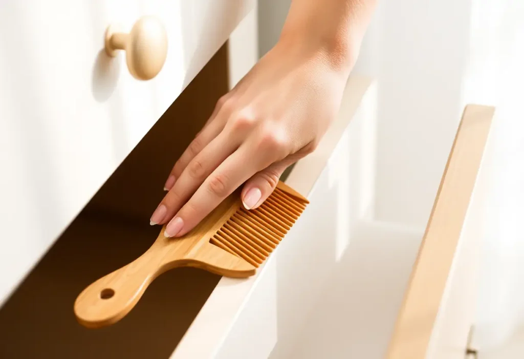 Une main féminine pose délicatement un peigne en bois dans un tiroir, représentant la bienveillance envers soi-même.