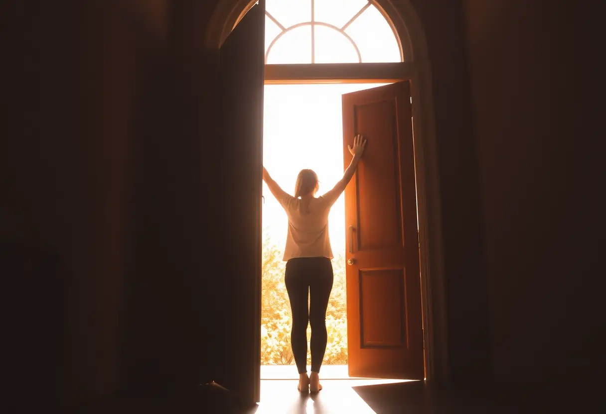 Un profil silhouetté se tient dans un encadrement baigné de lumière, évoquant l'acceptation de soi.