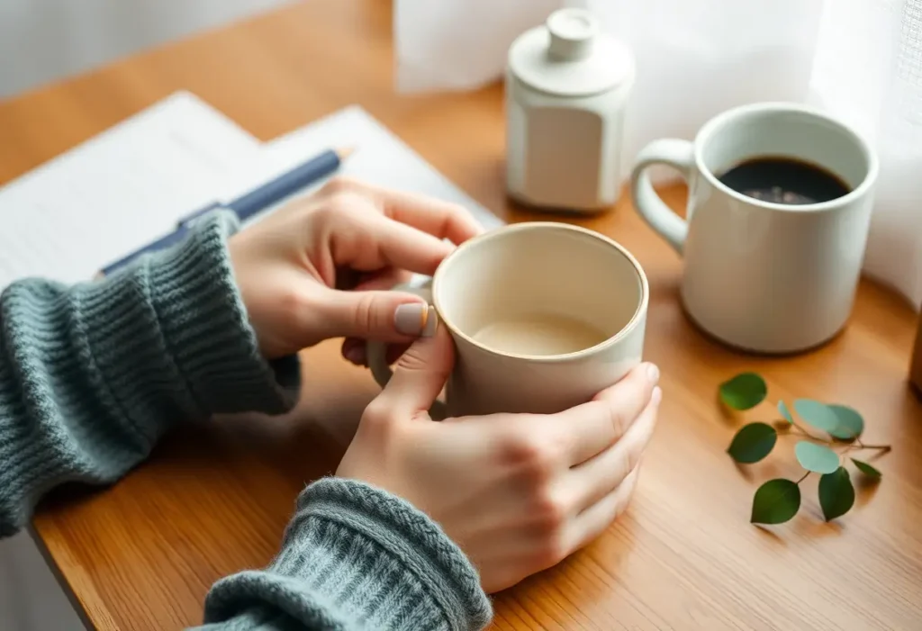 Une main posant une tasse en porcelaine sur un bureau en bois, représentative de la prise en charge de soi