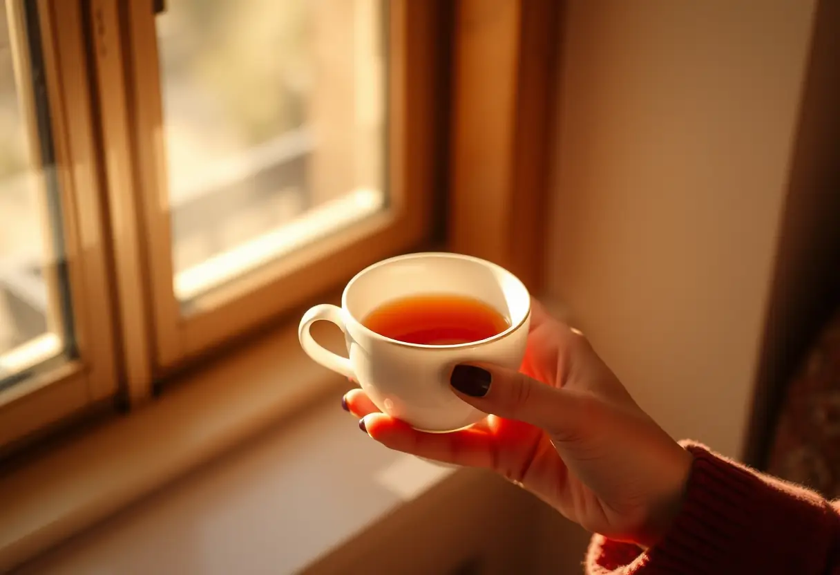 Une main tenant une tasse de thé dans une lumière chaude