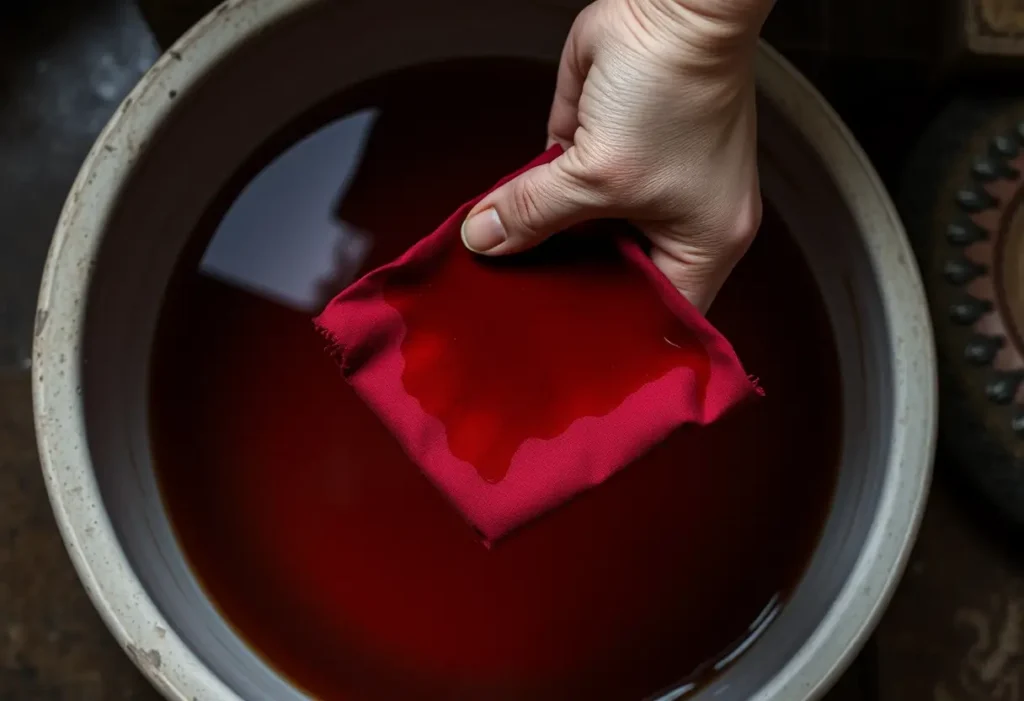 Une main tient un morceau de tissu carré plié, taché de rouge foncé, posé près d'un récipient rempli d'eau. (sujets liés aux règles abondantes)