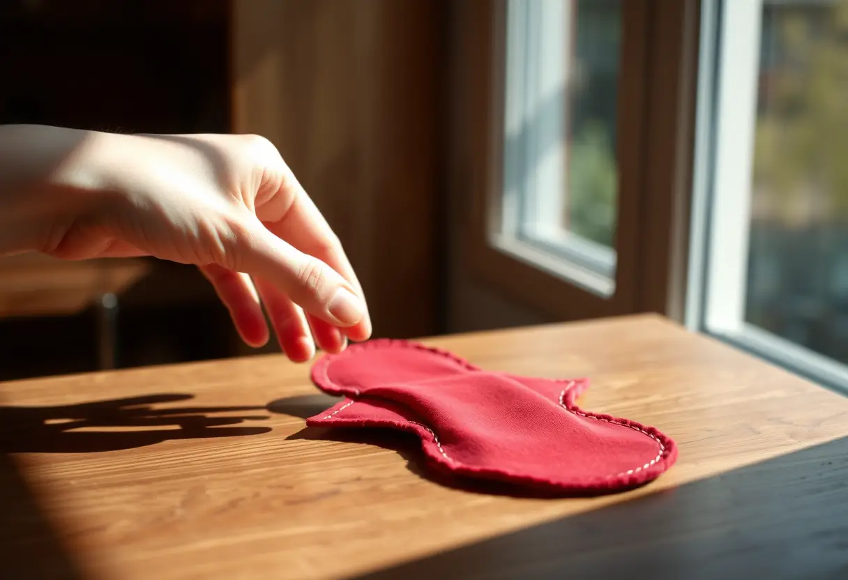 Un tampon hygiénique rouge posé sur une table en bois