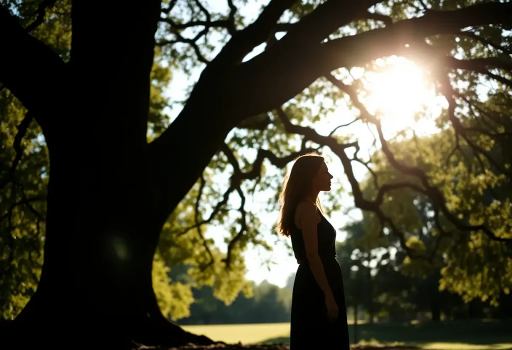 Silhouette d'une femme dans un parc, appuyant sa main sur le tronc d'un grand chêne