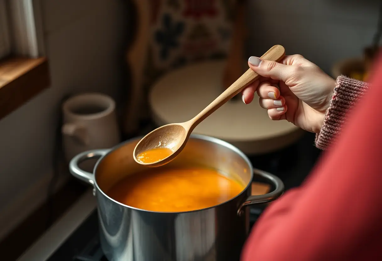 Une main féminine tient une cuillère dans une cuisine accueillante, évoquant le bien-être et la sérénité.