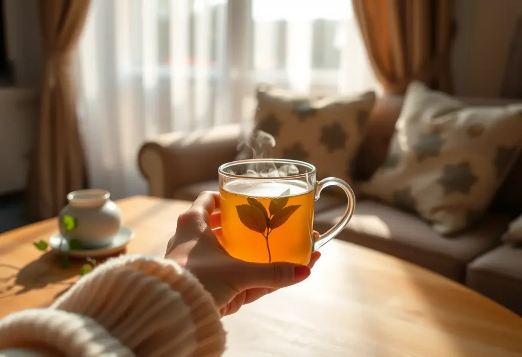 Une main tenant une tasse de thé chaud dans un salon accueillant, apaisement des douleurs menstruelles