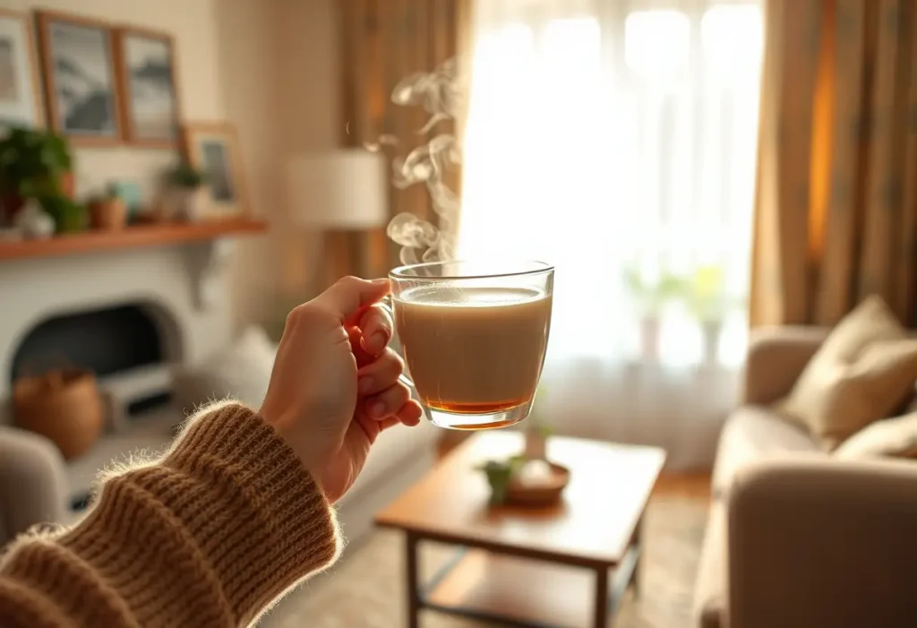 Une main tenant une tasse de thé chaud dans une pièce accueillante, selon l'article sur les douleurs menstruelles.