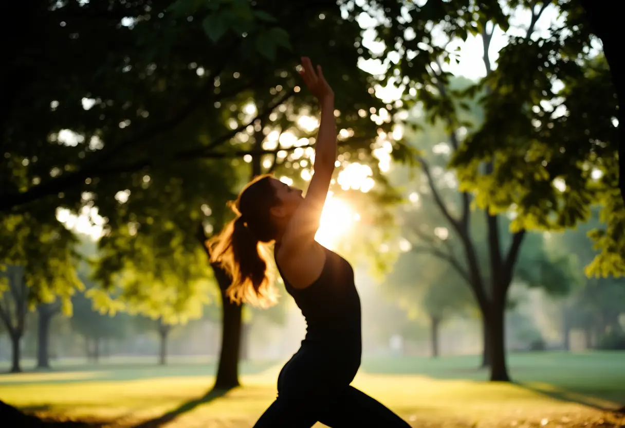 Un silhouette floue d'une femme en train de faire du yoga dans un parc, selon l'article sur les douleurs menstruelles.
