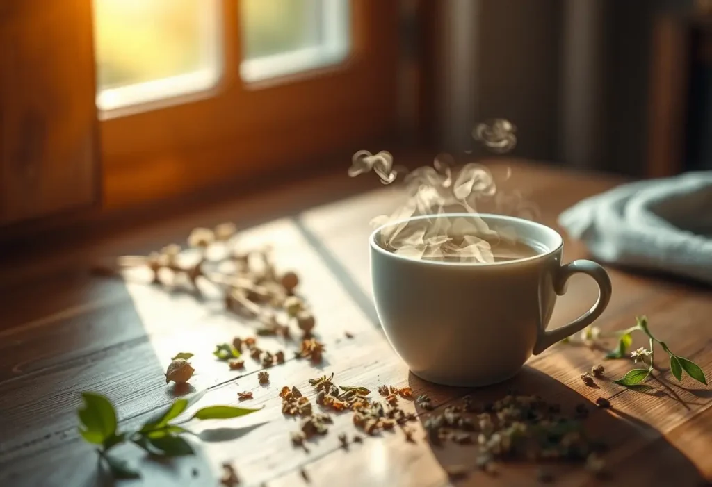 Tasse de thé aromatique sur une table, entourée d'herbes, source de bien-être.
