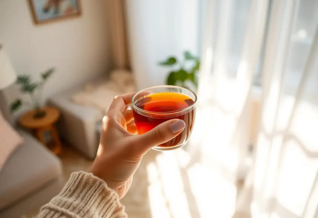 Une main tenant une tasse de thé chaud dans un salon accueillant, symbolisant la détente et le bien-être