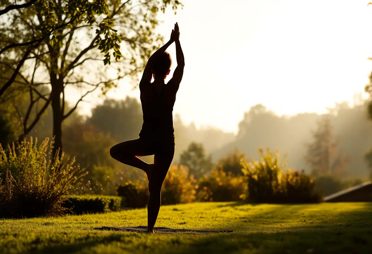 Un profil d'une personne pratiquant le yoga dans un jardin calme, l'aube se reflétant dans la pratique, signifiant la pleine conscience et la prise en charge de soi