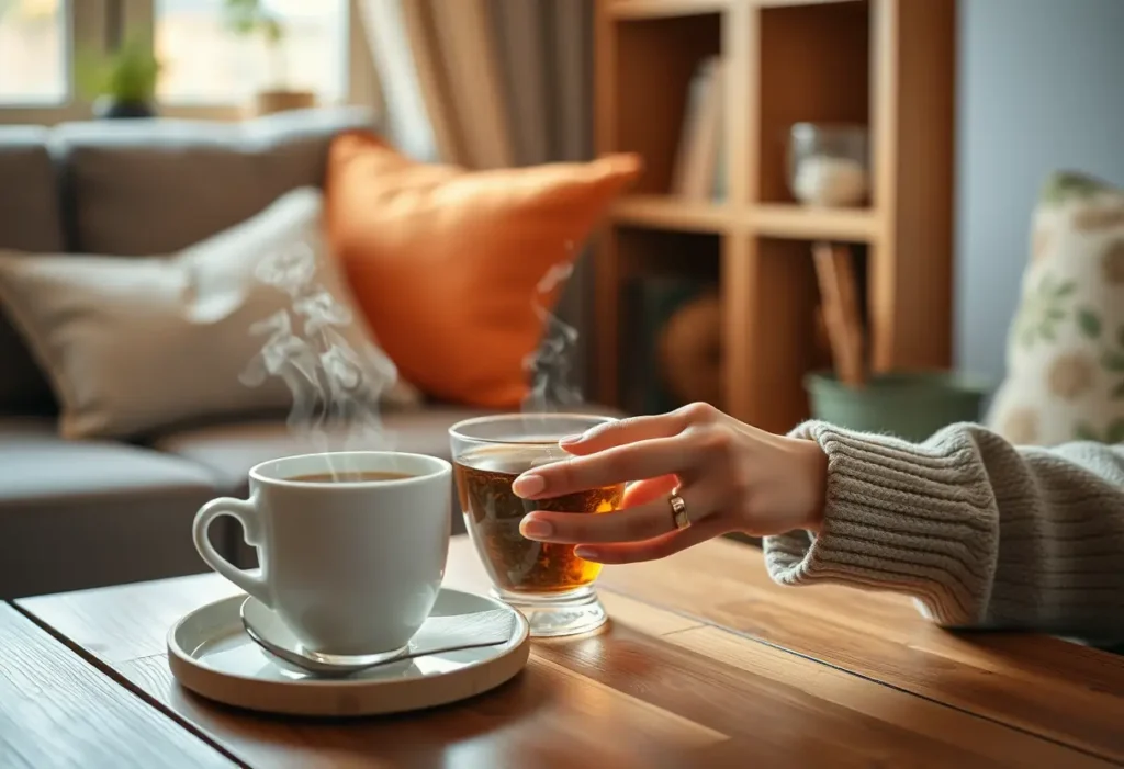 Une main posant délicatement une tasse de thé chaud sur une table en bois, dans une ambiance apaisante, favorisant le bien-être