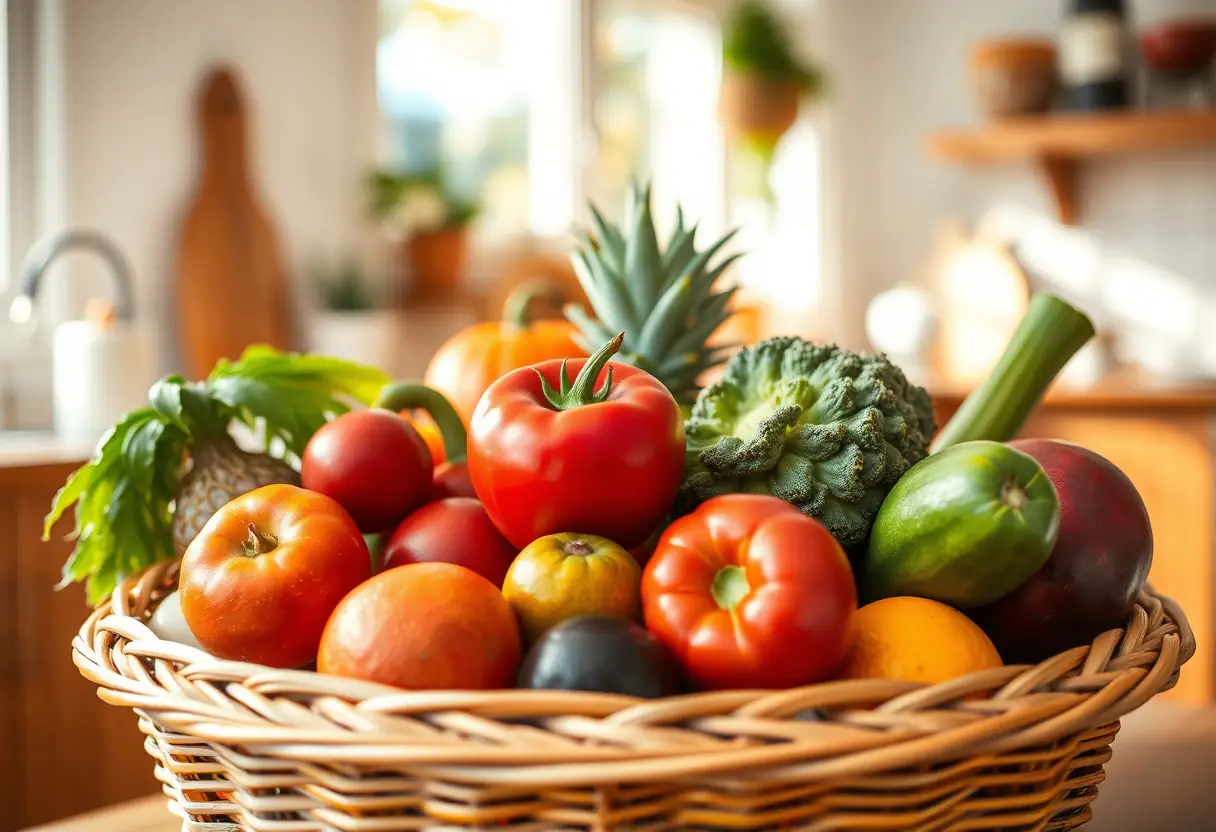 Un panier tressé rempli de fruits et légumes frais, sous la lumière du soleil, soulignant la vitalité des aliments