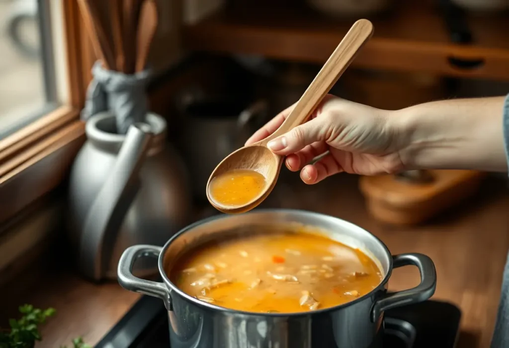 Une main féminine tient une cuillère en bois au-dessus d'une marmite de soupe maison, symbolisant la chaleur et le bien-être.