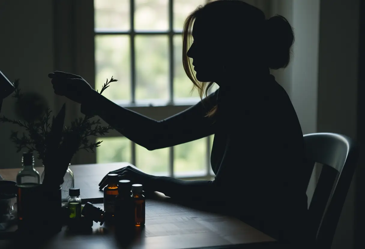 Un profil d'une femme assise à un bureau en bois entourée d'herbes et d'huiles essentielles, mettant en valeur la pratique du soin personnel.