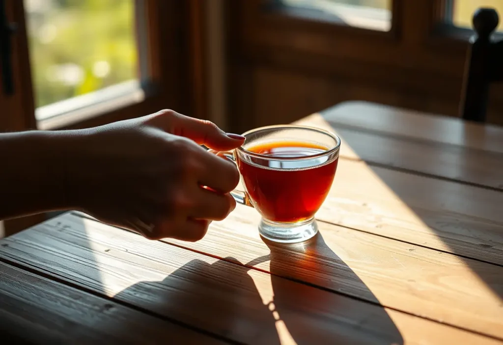 Une main tenant une tasse de thé herbagé dans une lumière douce