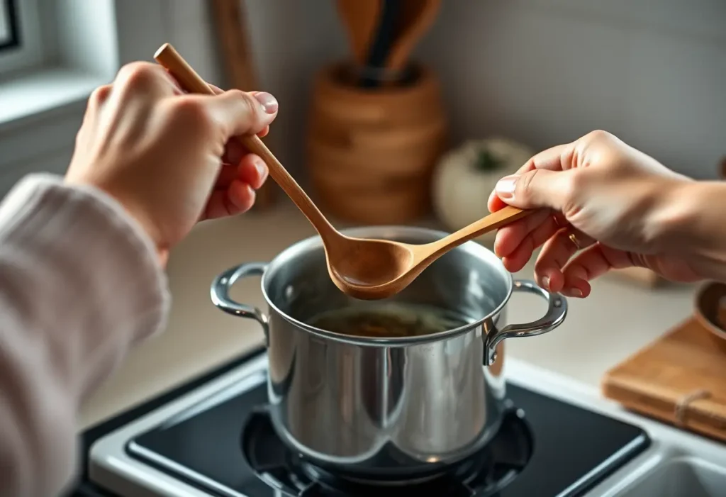 Une main féminine tient une cuillère en bois au-dessus d'une bouilloire remplie de thé, dans une cuisine accueillante