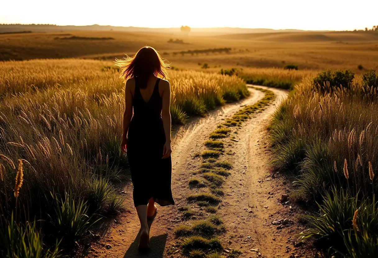 Un profil de femme marchant seule sur un chemin de terre entouré de hautes herbes, la lumière du soir projette des ombres longues