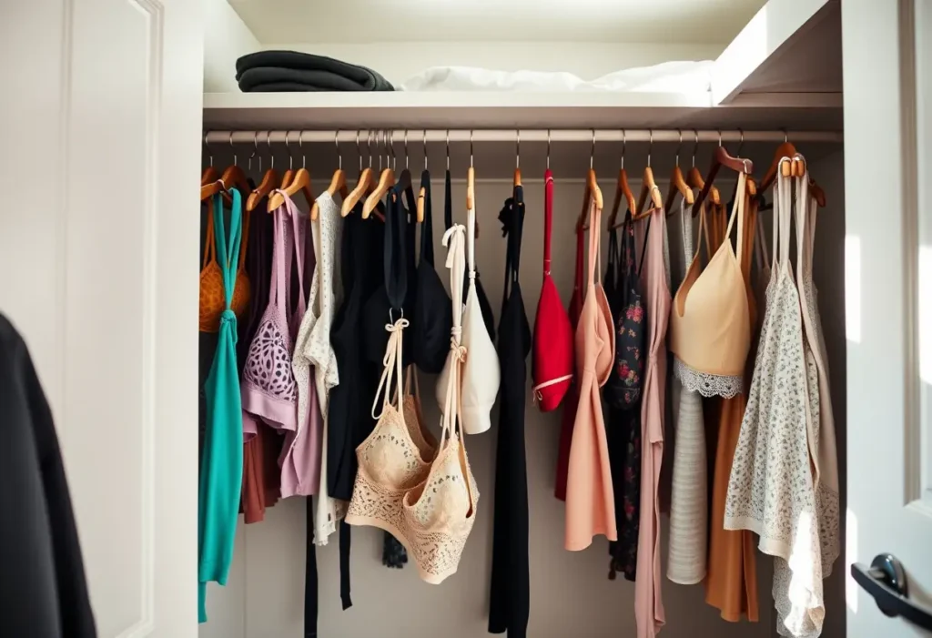 Armoire bien organisée remplie de soutiens-gorges, représentant l'importance de posséder plusieurs tailles pour le confort