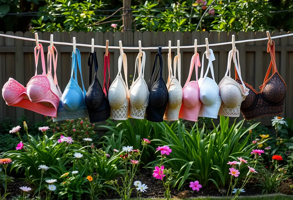 Une corde à linge dans un jardin arborant plusieurs soutiens-gorge de styles et de couleurs variés.