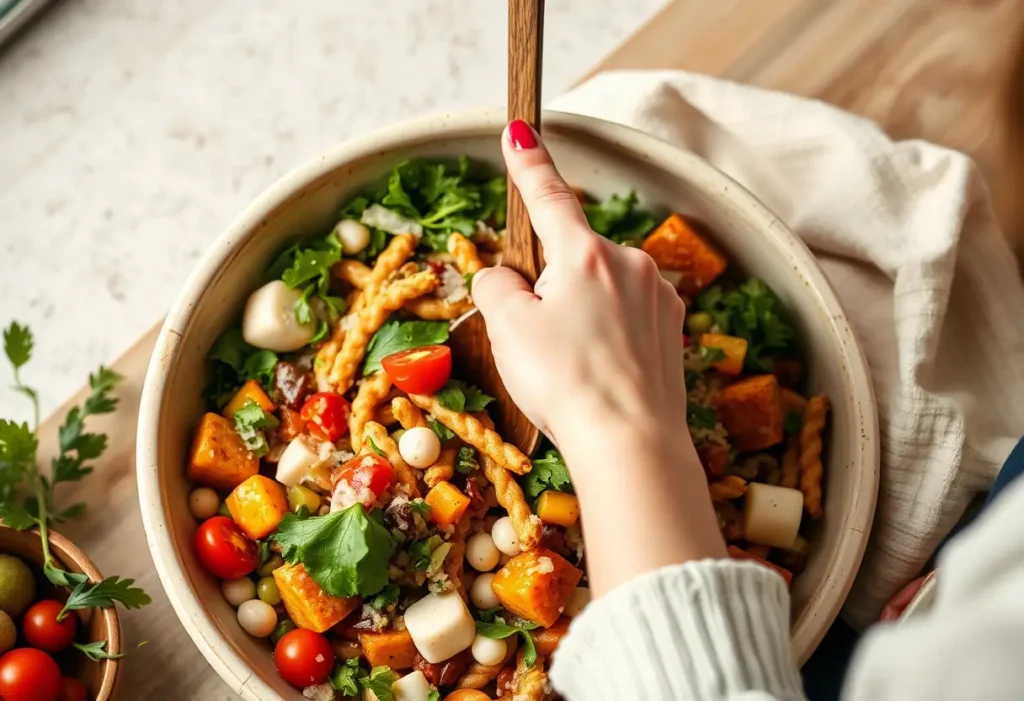 Une main féminine remue délicatement une cuillère en bois dans une grande casserole en céramique remplie d'ingrédients frais, illustrant l'importance de l'alimentation saine pour augmenter la libido.