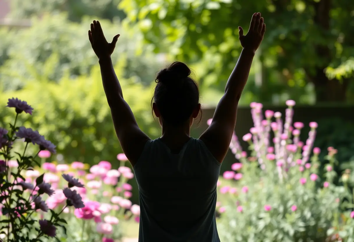 Un profil féminin étire ses bras au-dessus de sa tête dans un jardin calme et fleuri, soulignant l'importance de l'exercice régulier et du stress managé pour augmenter la libido.