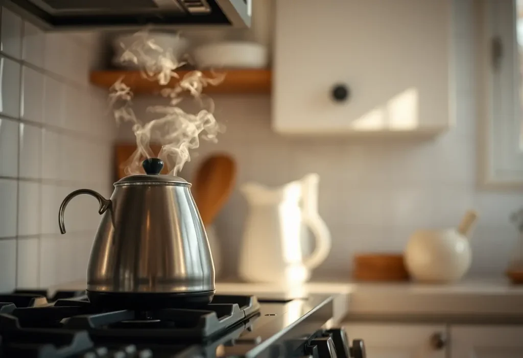 Une bouilloire sifflote sur un fourneau dans une cuisine bien éclairée, vapeur douce s'élevant, ambiance apaisante