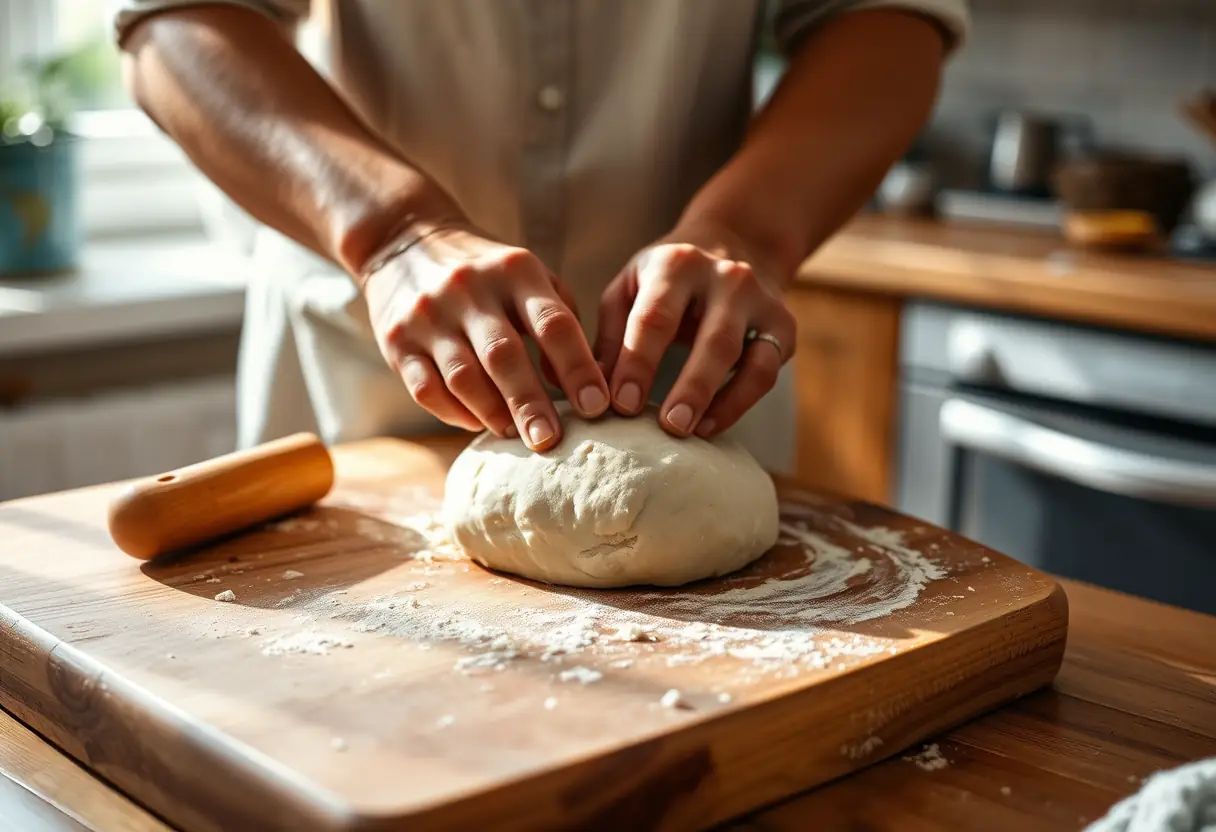 Des mains pétrissent de la pâte sur un plan de travail en bois dans une cuisine, lumière naturelle qui éclaire la tâche, confort tactile de la cuisine