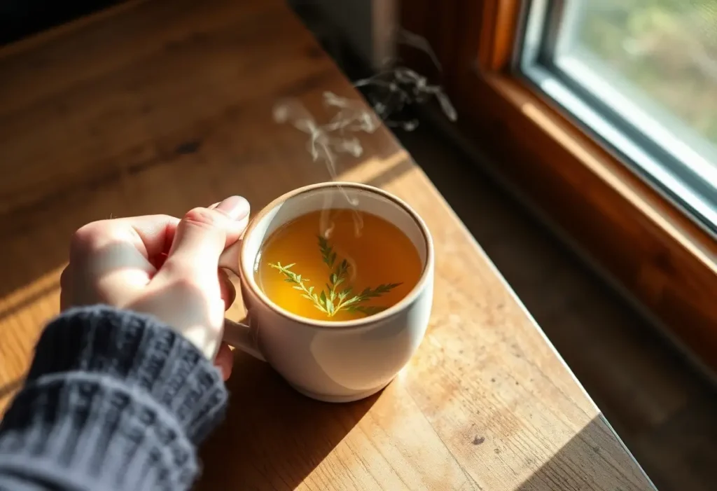Une main féminine tient une tasse de thé chaud à l’herbe sur une table en bois, éclairée par la lumière du jour