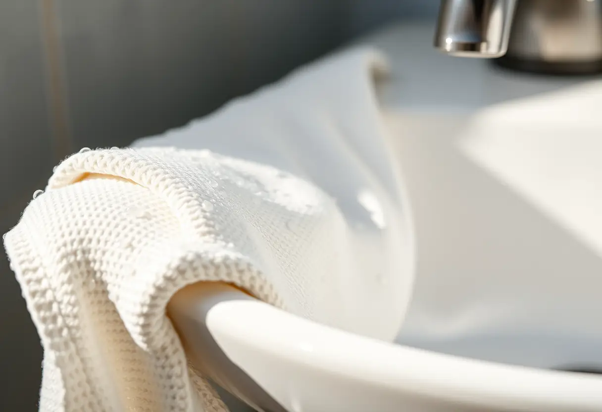 Un gant de toilette en coton souple pend au bord d’un lavabo en porcelaine, des gouttes d’eau y sont accrochées, reflétant la lumière ambiante