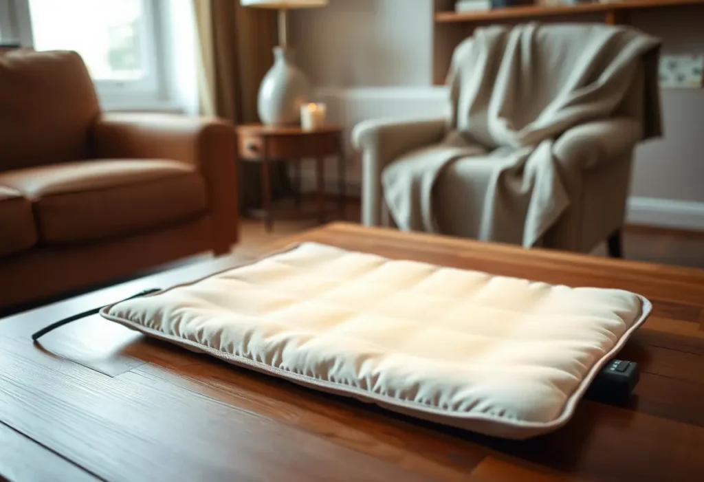 Chaud radiateur posé sur une table basse dans un salon accueillant, soulageant les crampes menstruelles.