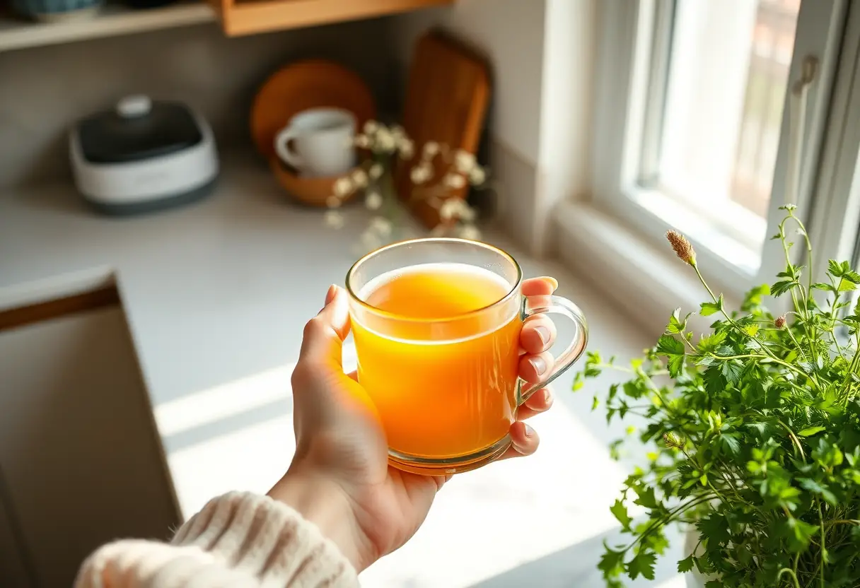 Main tenant une tasse de thé aromatique sur un comptoir de cuisine, apaisant les douleurs menstruelles.