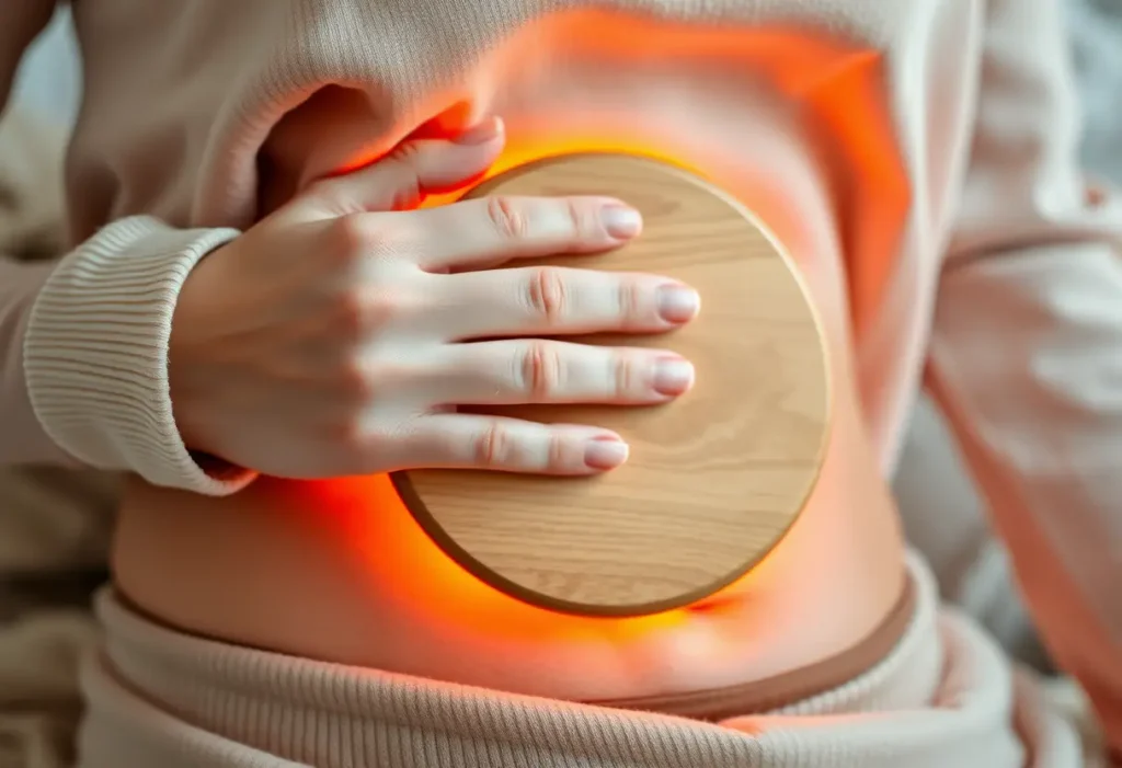 Une main féminine tient un coussin chauffant en bois sur l'abdomen, évoquant le confort