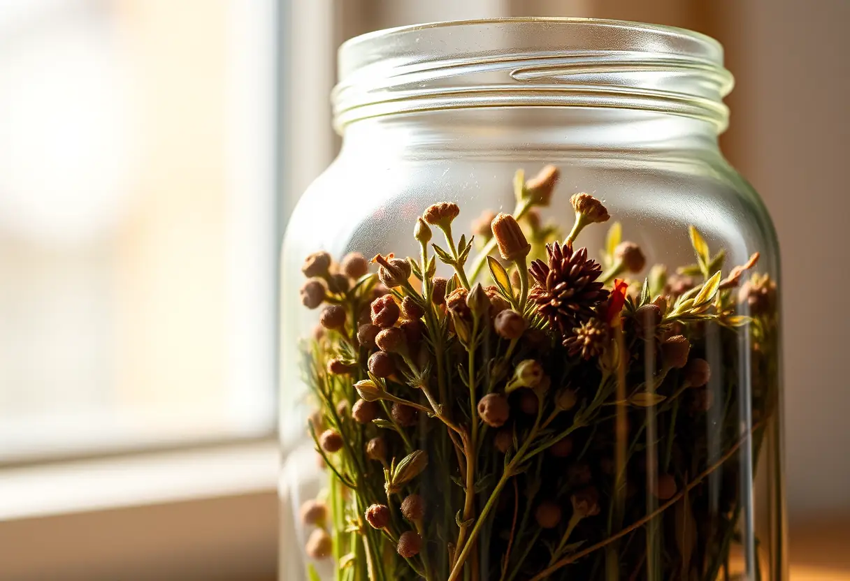 Un bocal de verre contenant des herbes sèches, la lumière du matin met en valeur leurs couleurs
