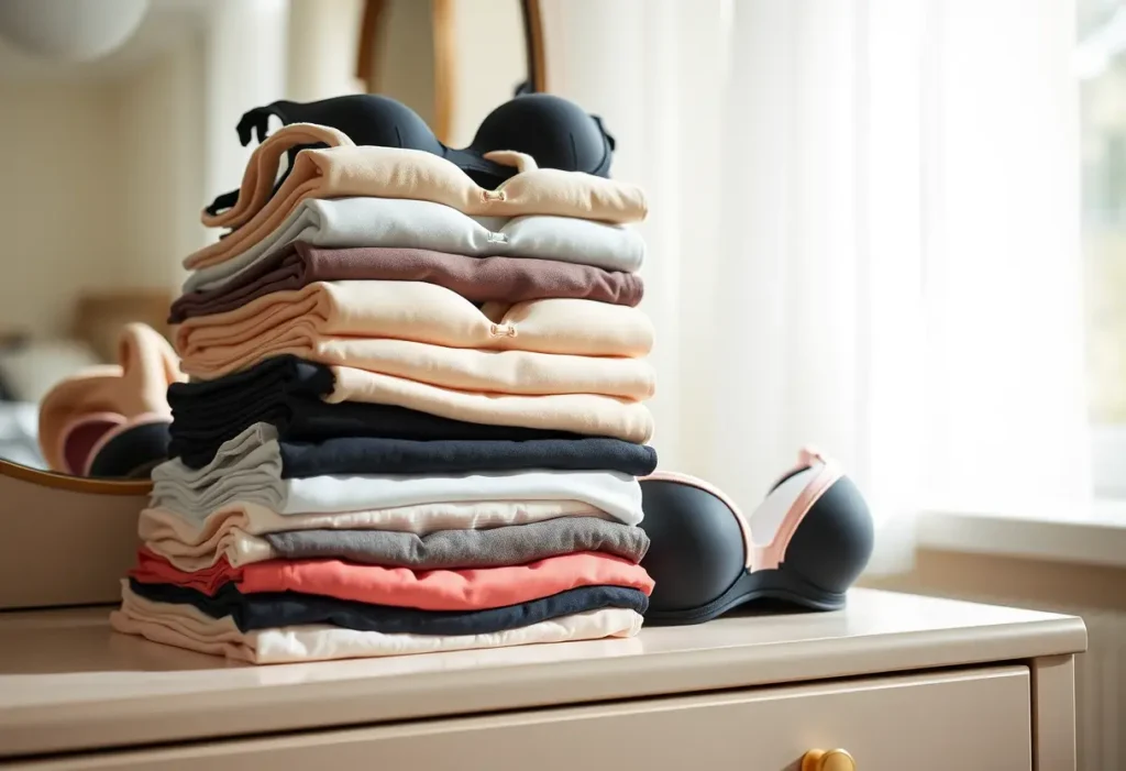 Un tas de soutiens-gorge pliés sur une commode, diverses tailles et couleurs