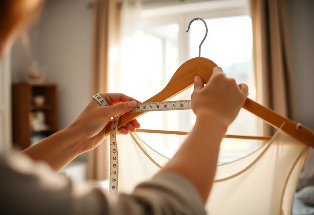 Une main mesure un ruban à l’aide d’un porte-chapeau en bois, symbolisant le choix de la taille de soutien-gorge