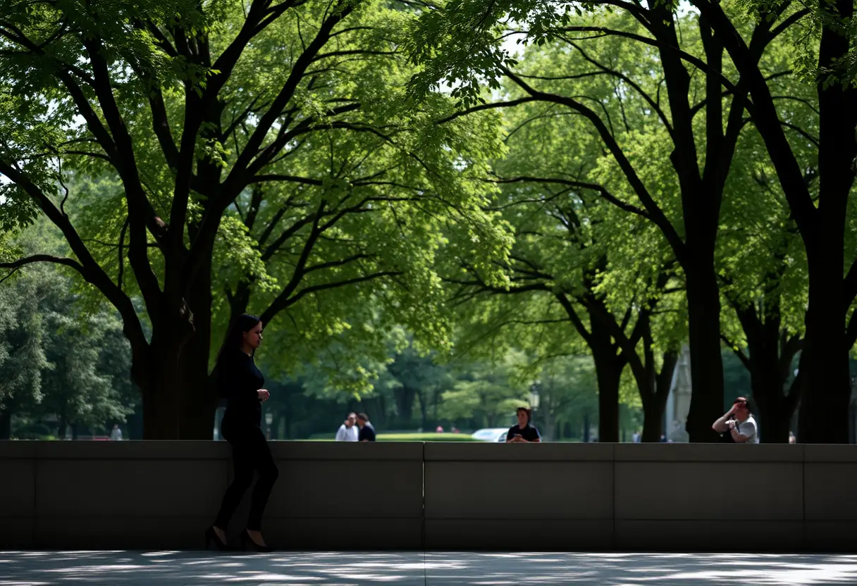 Un profil d'une femme debout dans un parc public, les arbres offrant un cadre naturel, mettant en valeur la diversité des silhouettes corporelles.