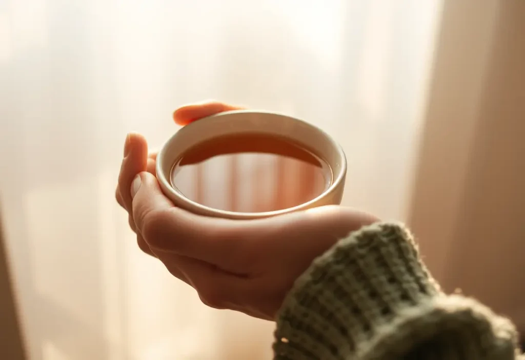 Une main tenant une tasse de thé chaud, la vapeur s'élevant légèrement