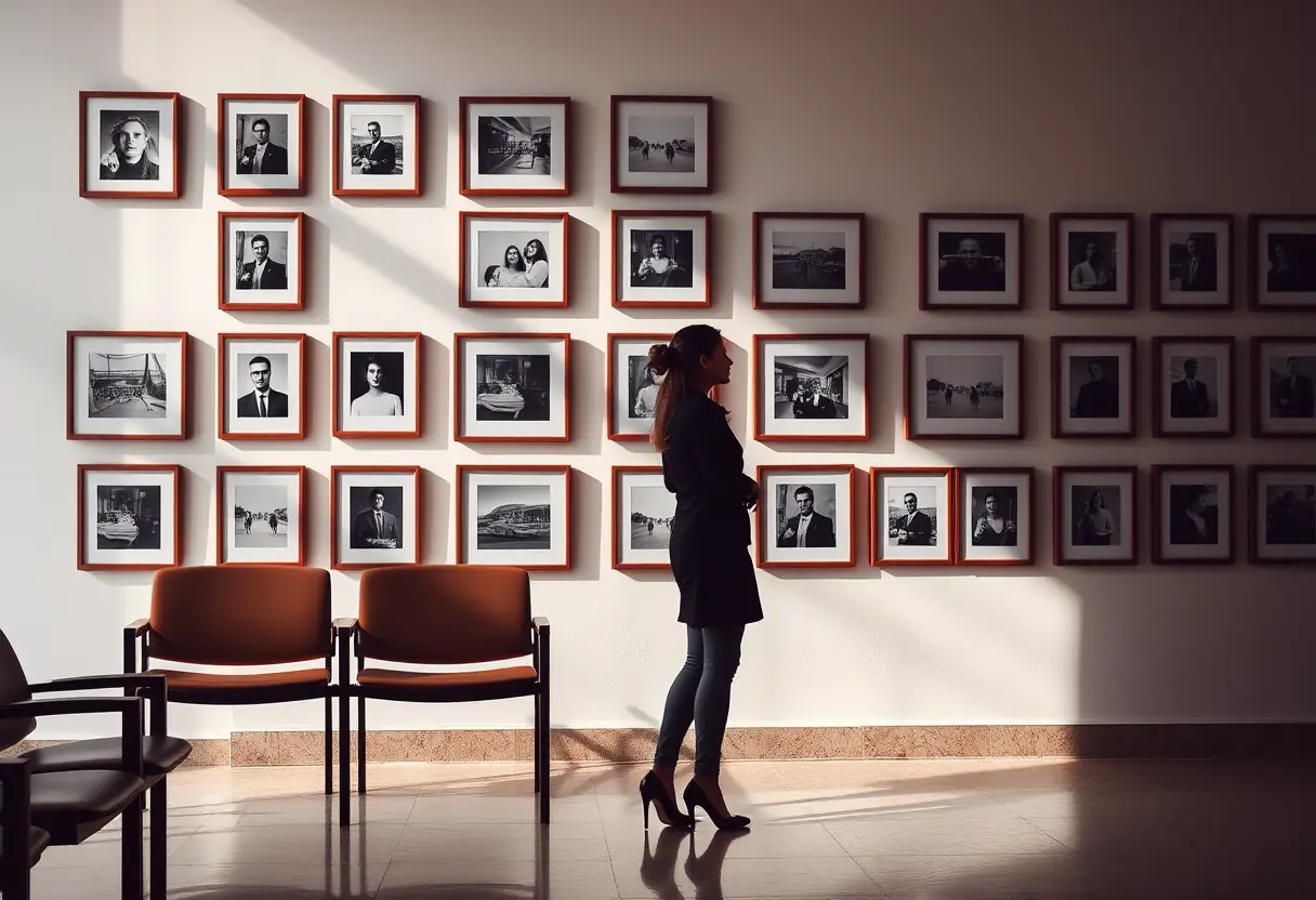 Un profil de femme dans une salle d'attente avec des photos encadrées au mur