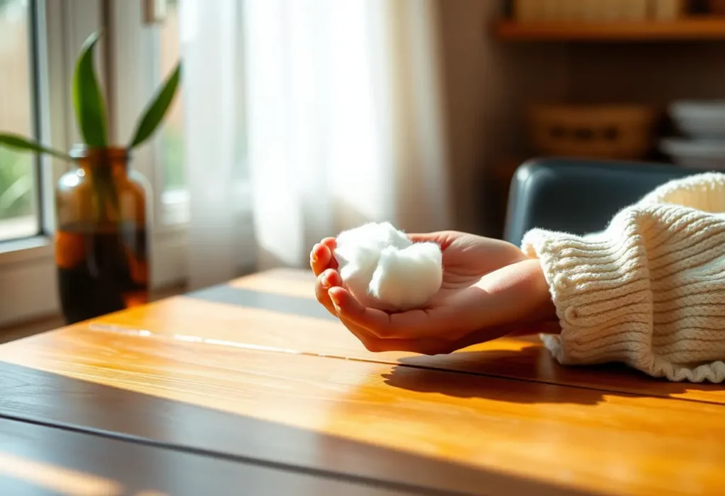 Main: Une main féminine tient doucement un coton imbibé de remède naturel