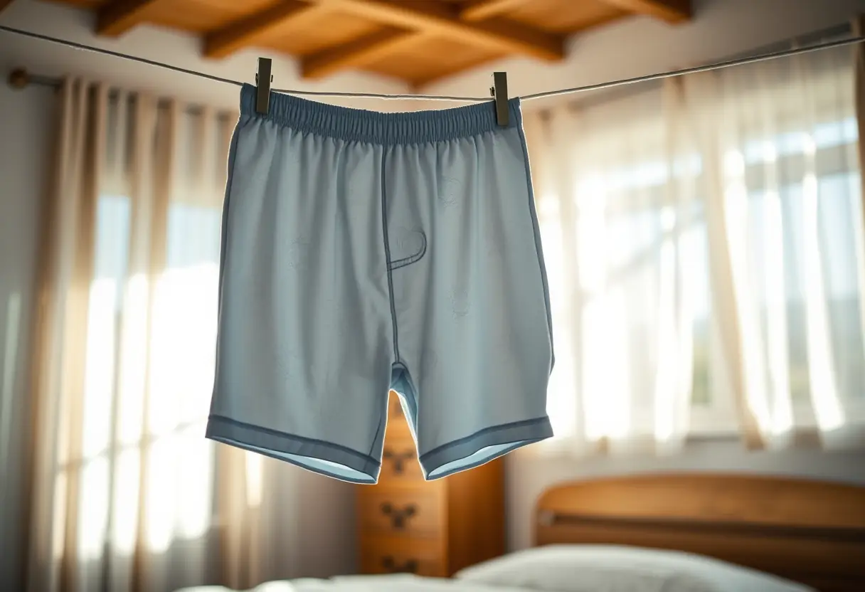 Texte alternatif : Des sous-vêtements en coton suspendus dans une chambre bien éclairée