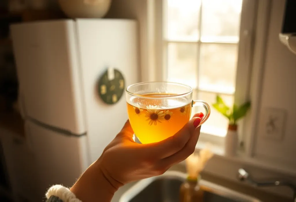 Une main féminine tient une tasse de thé aux fleurs de sureau, symbolisant la sérénité et la santé.