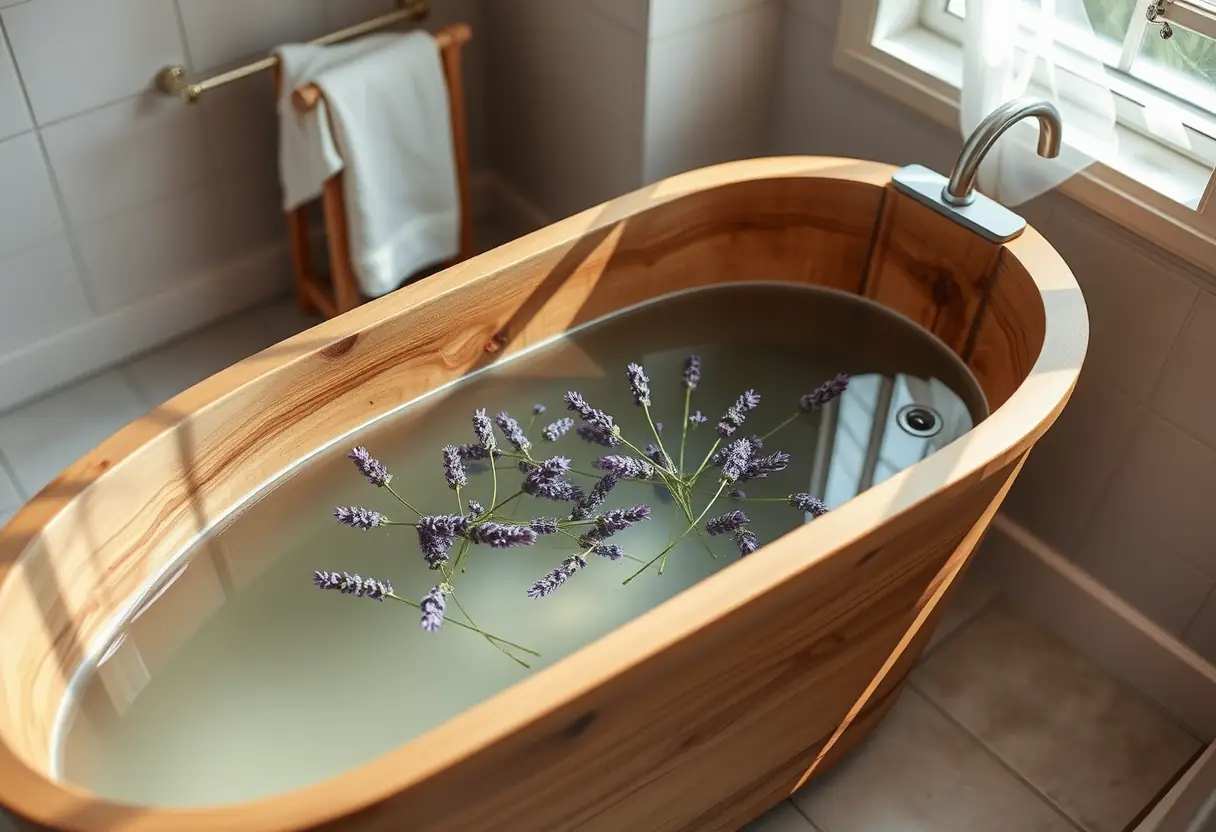 Image alternative : Un bain en bois rempli d'eau parfumée au lavande, dans une salle de bain accueillante, soulignant la détente et la bien-être.