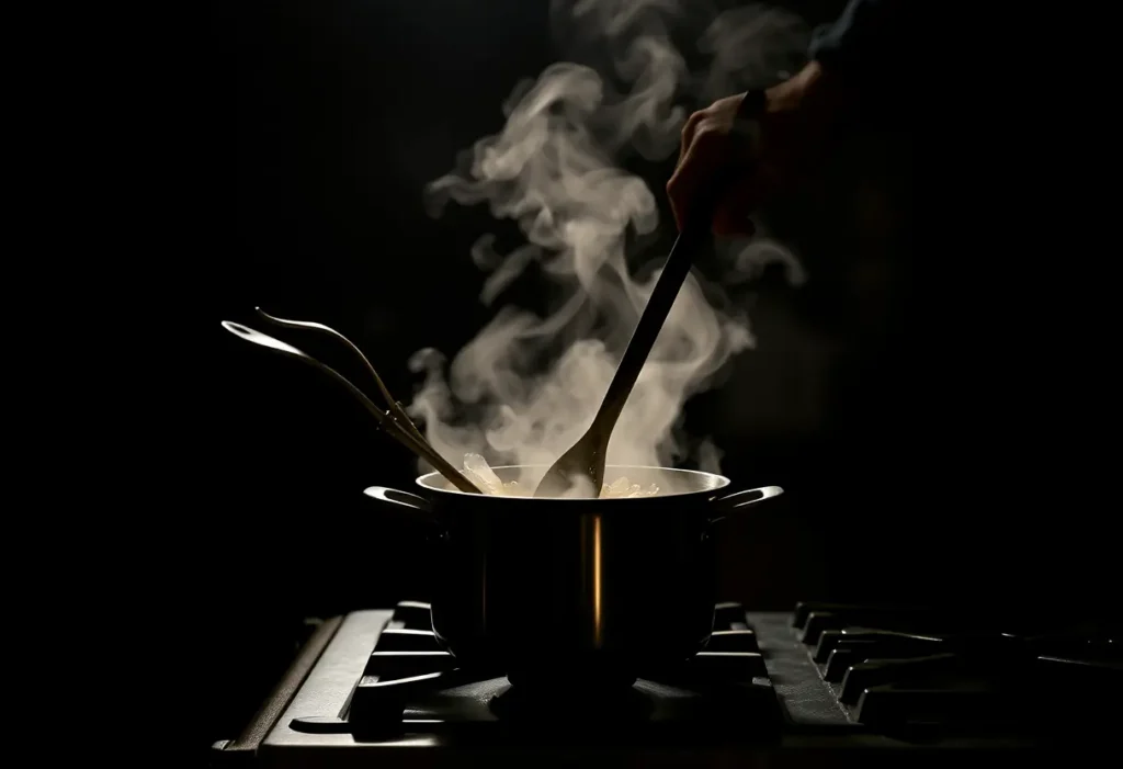 Un silhouetté mélange délicatement une préparation dans une marmite métallique posée sur une cuisinière, créant une atmosphère accueillante