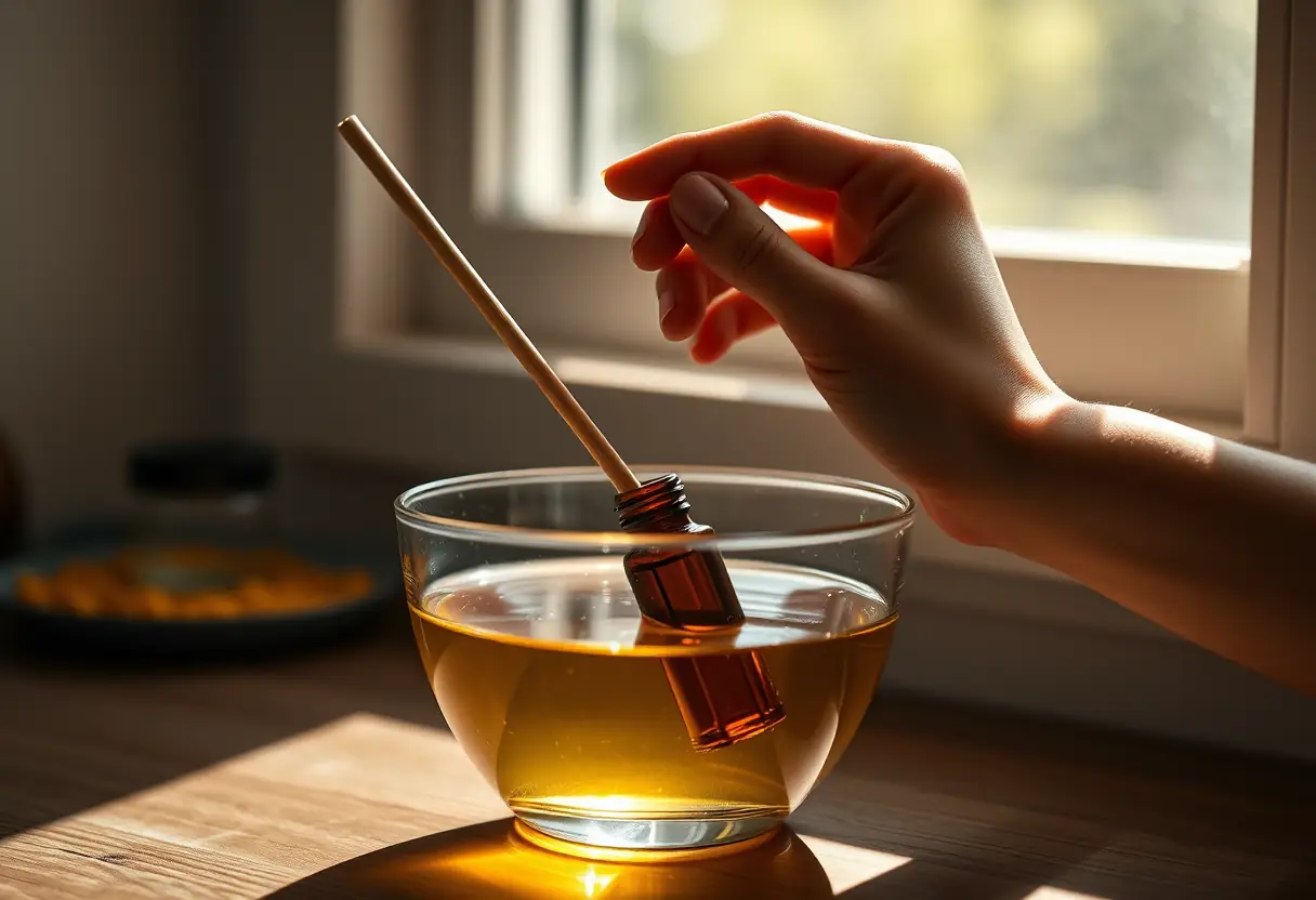 Une préparation d'huiles parfumées dans un bol en verre, éclairé naturellement