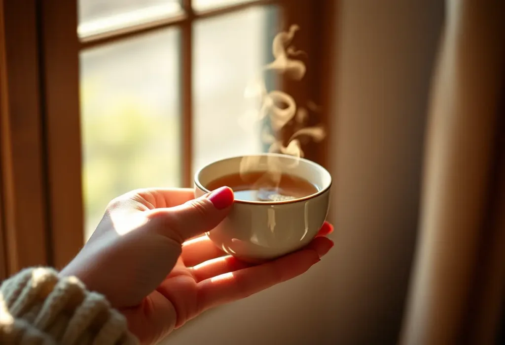 Une main tient une tasse de thé chaud, éclairée par la lumière naturelle