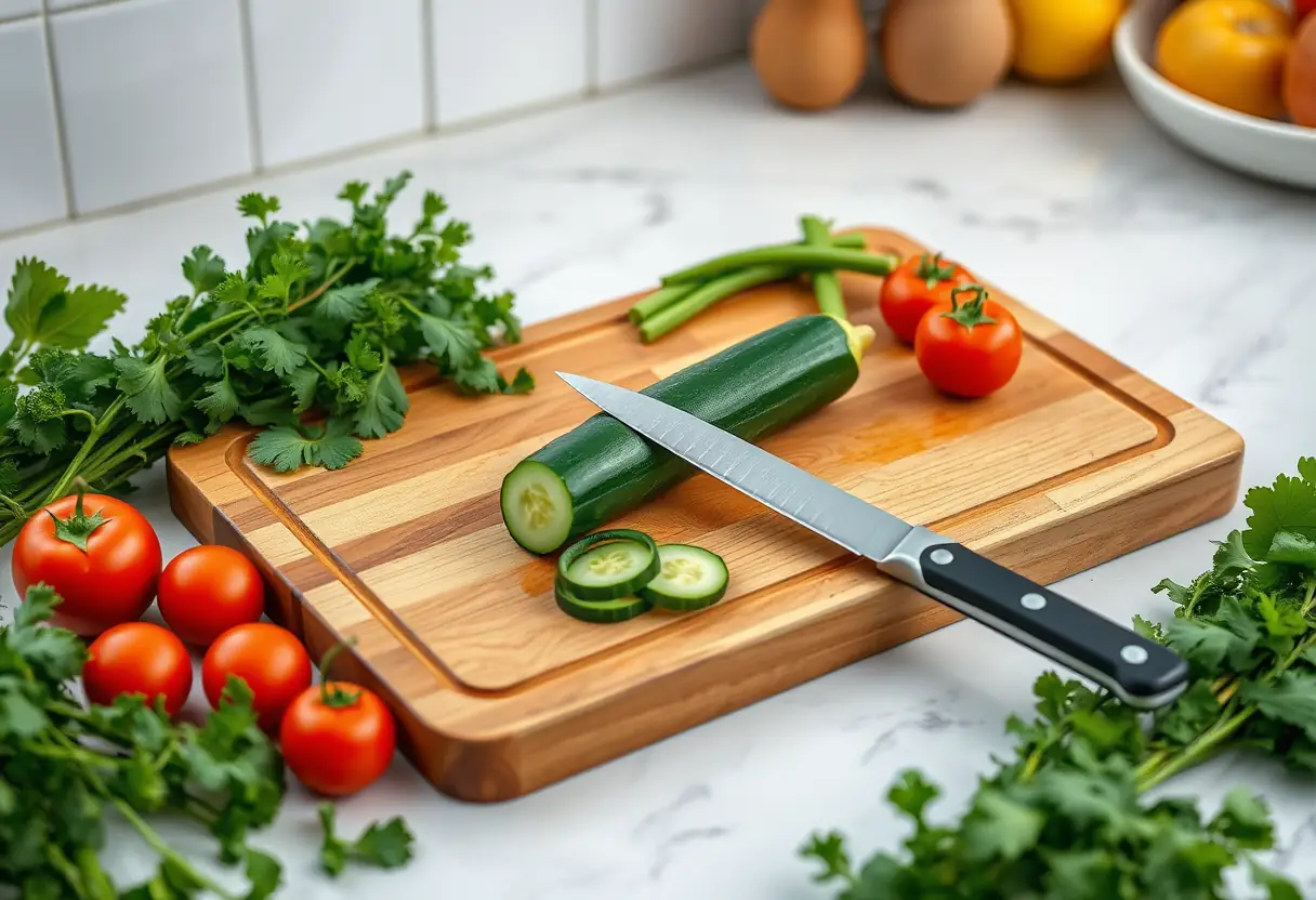 Un plan de travail avec des légumes frais et une assiette de cuisine