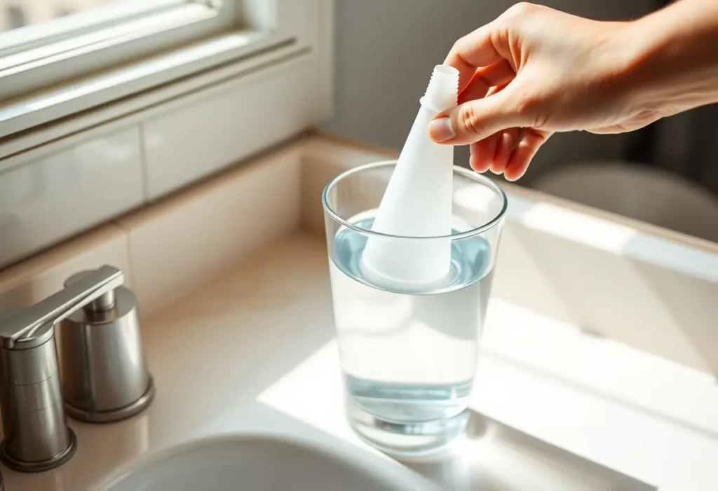 Une main introduit délicatement un cône en plastique dans un conteneur en verre rempli d'eau sur un meuble de toilette.