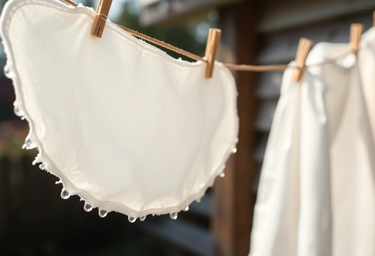 Un paquet hygiénique suspendu à une corde à linge en bois, gouttes de rosée matinale